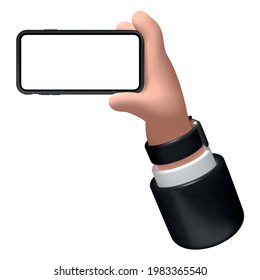 Vector illustration. Hand with a smartphone on a white background, 3d illustration, businessman holds a phone in his hand with a blank screen.