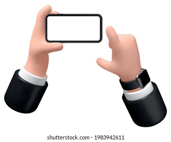 Vector illustration. Hand with a smartphone on a white background, 3d illustration, businessman holds a phone in his hand with a blank screen.