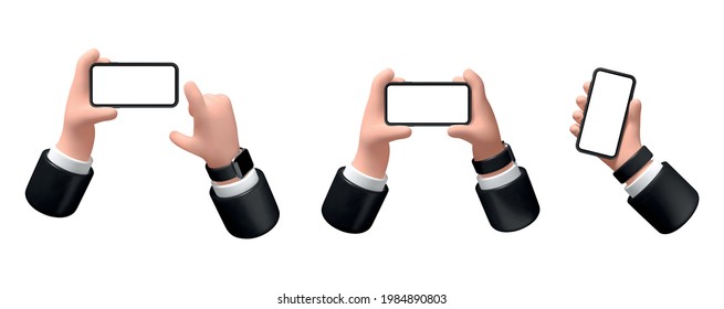 Vector illustration. Hand with a smartphone on a white background, 3d illustration, businessman holds a phone in his hand with a blank screen.