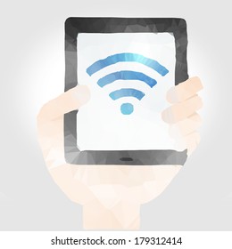 Vector illustration of hand with smartphone in polygon design