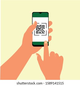 Vector illustration of a hand and smartphone. QR code scanning for online shopping.
