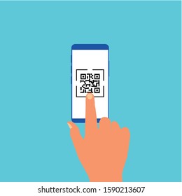 Vector illustration of a hand and smartphone. QR code scanning for online shopping.
