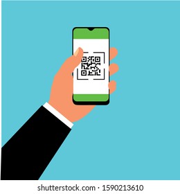 Vector illustration of a hand and smartphone. QR code scanning for online shopping.

