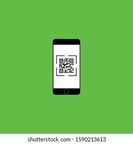 Vector illustration of a hand and smartphone. QR code scanning for online shopping.
