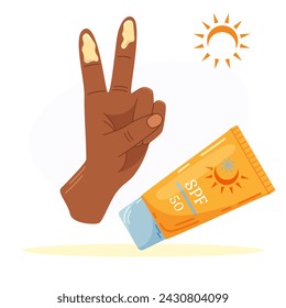 Vector illustration of a hand with SPF cream on two fingers and sunscreen. Cream with SPF blocks the sun's rays. Product for the “Protection from Summer” set. 