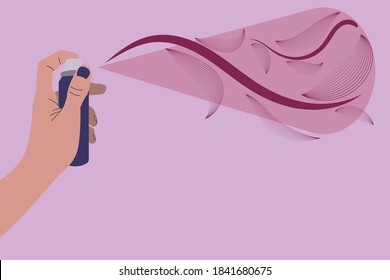 Vector Illustration Of A Hand With A Spray Can. Spray With Leaves . Skin Care, Natural Cosmetics. Spray Painting.