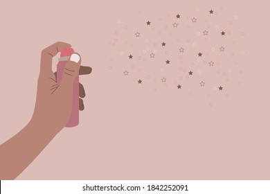 Vektorgrafik einer Hand mit Sprühdose. glänzende Spritzen. Hautpflege.