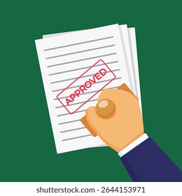 Vector illustration of a hand stamping APPROVED on a stack of documents, perfect for business themed designs