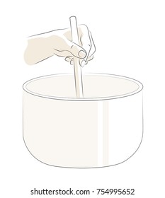 Vector illustration of hand stirring soup in a cooking pot