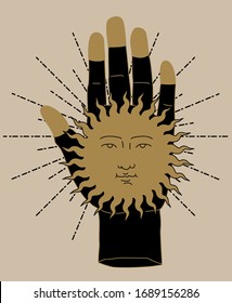 Vector illustration of  Hand and Sun with face. Medieval boho design for flash tattoo or fashion print.