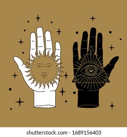 Vector illustration of  Hand and Sun with face. Medieval boho design for flash tattoo or fashion print.
