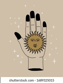 Vector illustration of  Hand and Sun with face. Medieval boho design for flash tattoo or fashion print.