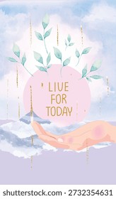 Vector illustration of hand with a sun in it. Metaphor for living here and now. Live for today. Don't put off the important things until tomorrow. Create space of mindfulness,spirituality, awareness.