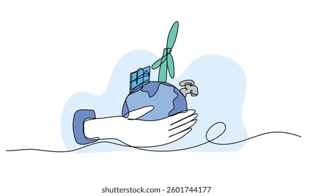 Vector illustration of hand supporting earth with renewable energy. Modern flat in continuous line style.