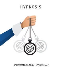 Vector illustration of hand with the swinging of the pendulum introducing man into hypnosis, drawn in a flat cartoon style. The concept of immersion in hypnosis