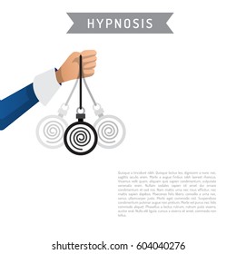 Vector illustration of hand with the swinging of the pendulum introducing man into hypnosis, drawn in a flat cartoon style. The concept of immersion in hypnosis