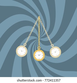 Vector illustration of hand with the swinging of the pendulum introducing man into hypnosis, drawn in a flat cartoon style. The concept of immersion in hypnosis