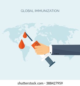 Vector illustration. Hand with syringe. Flat medical background. Health care ,first aid, research ,cardiology. Medicine ,study. Chemical engineering ,pharmacy.