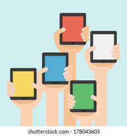 Vector illustration of hand with tablet flat design 