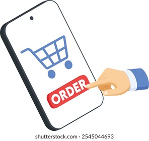 Vector illustration of a hand tapping the "Order" button on a smartphone screen displaying a shopping cart icon. Ideal for e-commerce, online shopping, mobile apps, and digital retail concepts.