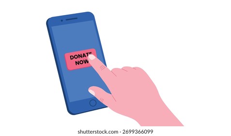 Ilustração vetorial de uma mão tocando um botão rosa Donate Now (Doar Agora) em um smartphone azul, perfeito para campanhas móveis de arrecadação de fundos e caridade.