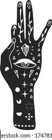 Vector illustration of a hand with tattoos, an alchemy symbol with an eye and a moon. Abstract graphics with occult and mystical signs. Hand-drawn style. spiritual design. Concept of magic