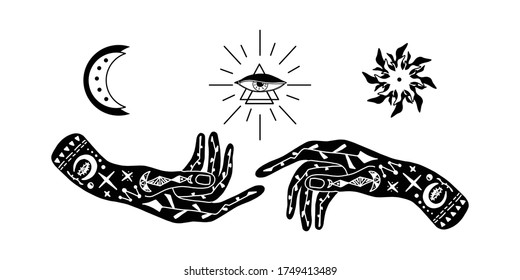 Vector illustration of hand with tattoos, alchemy symbol with a triangle and an eye with rays. abstract graphics with occult and mystical signs. Hand-drawn style. spiritual intention. concept of magic