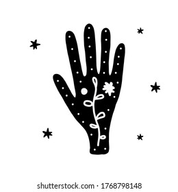 Vector illustration of a hand with tattoos, an alchemy symbol with an eye and a moon. Abstract graphics with occult and mystical signs. Hand-drawn style. spiritual design. Concept of magic