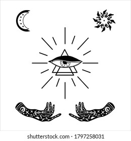 Vector illustration of hand with tattoos, alchemy symbol with a triangle and an eye with rays. abstract graphics with occult and mystical signs. Hand-drawn style. spiritual intention. concept of magic