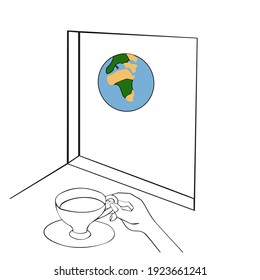 Ilustración vectorial de una mano con una taza de té frente a la ventana con vistas al planeta Tierra aislado en fondo blanco. Diseñado para impresiones, fondos para adultos y niños.