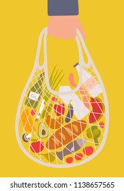Vector illustration with a hand that holds a knitted shopping bag full of products, bread, vegetables. Eco style. No plastic.