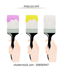 Vector illustration of hand that holds the paintbrush. Paintbrush with pink and light green paint. Design your world.
