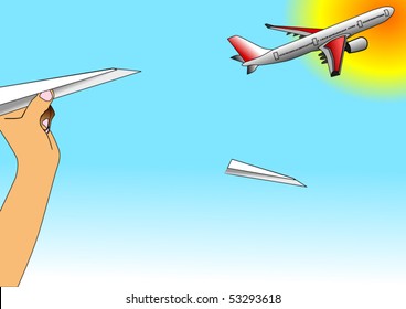Vector illustration of hand that trows paper  airplane and true airbus or aircraft that take off against a beautiful  sun