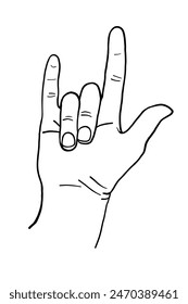 Vector illustration of a hand. Thin line illustration. Rock on. Horns emoji. Devil fingers. Heavy metal. Roll sign. Contour symbol. Vector isolated outline drawing. Realistic style