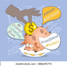 Vector illustration. A hand throws a coin into a piggy bank on a soft pillow. Speech bubbles all around. The concept of safe accumulation, storage and saving money. Internet banking deposit.