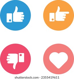 Vector illustration of hand with thumbs up and down, heart icon. Like and dislike concept. Social media symbol.