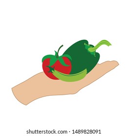 Vector illustration of a hand with tomato,pea on white background. Symbol of vegetable, vegetarian, food, crop, fresh, vegan.