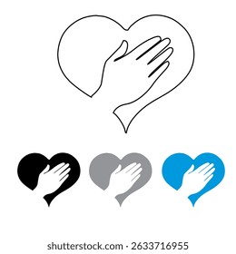 vector illustration of hand touching heart, vector lines, black, dark white and light blue color.