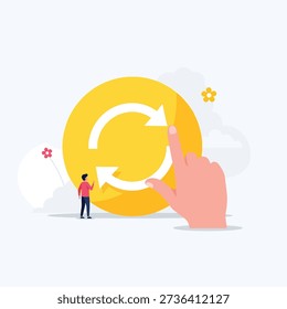 Vector illustration of a hand touching a large yellow refresh symbol, with a small person. Depicts concepts of continuous process, system update, renewal, or recycling.