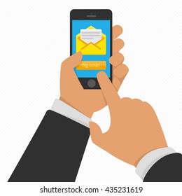 Vector illustration of hand touching smart phone with Email symbol on the screen. Messaging concept. Message send on mobile phone. Smart phone with email social network in hand.  