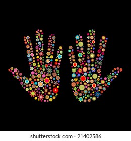 Vector illustration of hand track shape  made up a lot of  multicolored small flowers on the black background