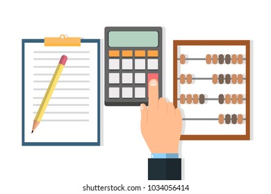 Vector illustration of hand using calculator for countings and paperwork. Accountant at work concept. Eps flat horizontal image.