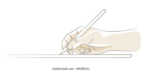Vector illustration of hand using touch screen pen on a tablet