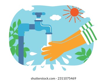 Ilustración vectorial del lavado de manos en el grifo. Objetivos de los ODS 6. Igualdad entre los géneros.