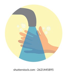 Vector illustration of a hand washing under running water from a faucet. The image emphasizes cleanliness and hygiene with blue water and bubble details enhancing the concept.