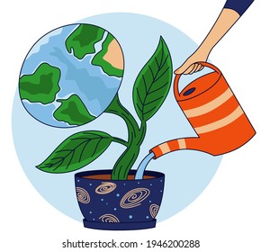 ilustración vectorial, agua de mano en la planta del planeta, salvar el planeta, concepto del Día de la Tierra.