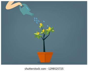  vector illustration of a hand watering light bulb, concept for creative innovative work, investing into ideas, growing business, innovation isolated on bright background