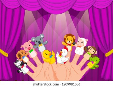 vector illustration of Hand Wearing 10 Finger Puppets in the stage