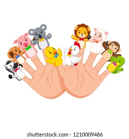 vector illustration of hand wearing 10 finger animal puppet that are really funny