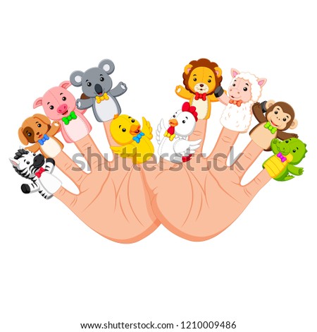 vector illustration of hand wearing 10 finger animal puppet that are really funny